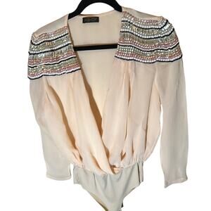 ASbyDF  Pale Pink Body Suit Blouse With Embellished Sequins on Shoulders. Size M